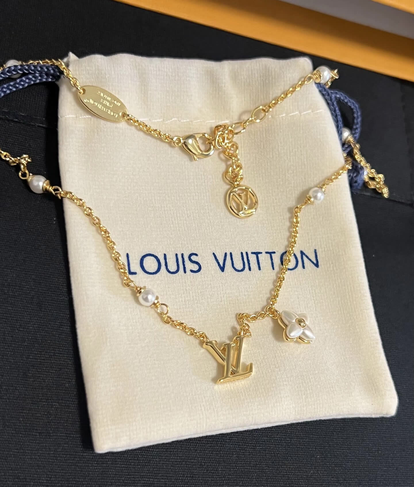 Louis Vuitton Earrings - Gold 'LV' Logo with Pearl Flower Design